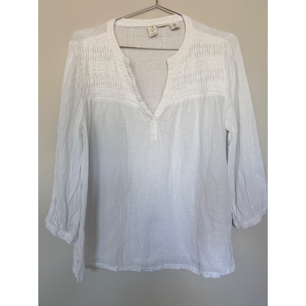 Joie Womens White 100% Linen Smocked V-Neck 3/4 Sleeve Blouse Top Medium